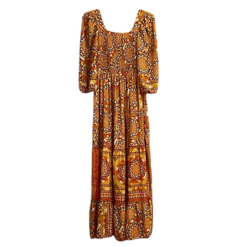 Me 2 Magic Anthropologie Yellow/Orange Sun Medallion 
Tiered Dress Size Small - Picture 2 of 9